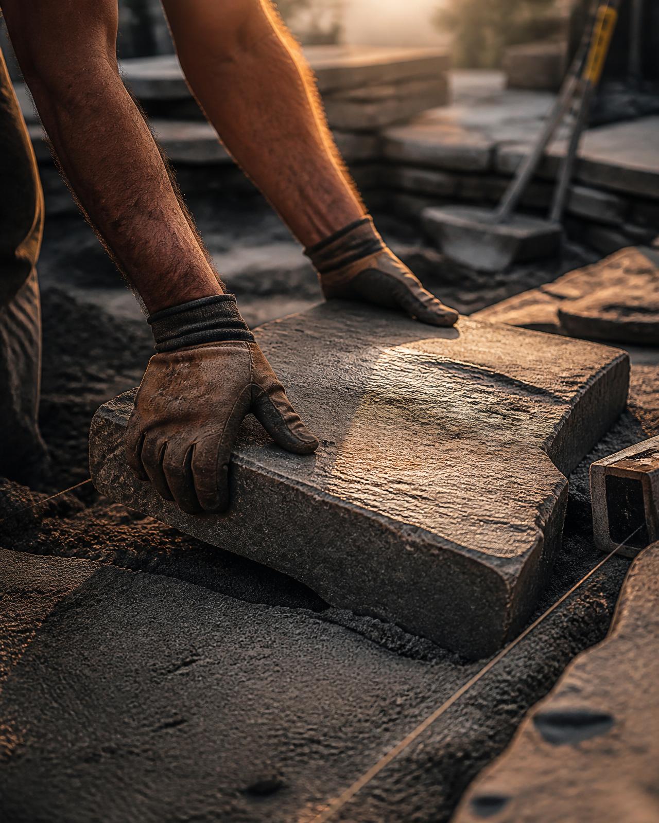 A StoneCraft mason setting a large natural stone paver at golden hour