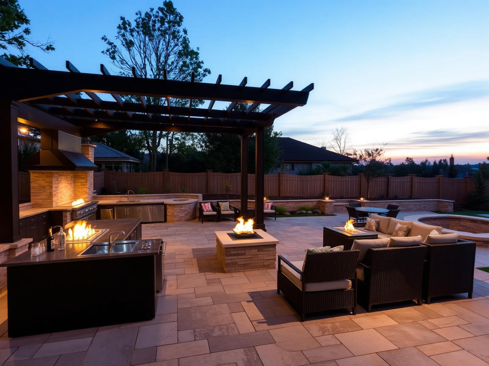 The Carmel Pavilion at dusk — 1,400 sq ft outdoor living environment